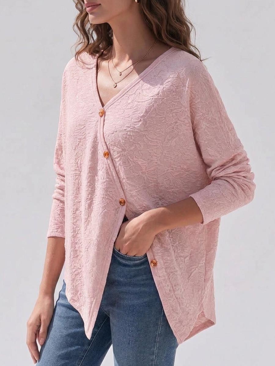 Women's Solid-color V-neck Long-sleeve Casual Loose Jacquard Knit Top