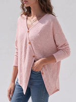 Women's Solid-color V-neck Long-sleeve Casual Loose Jacquard Knit Top