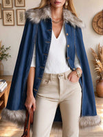 Women's Vintage Denim Cape Coat with Faux Fur Trim