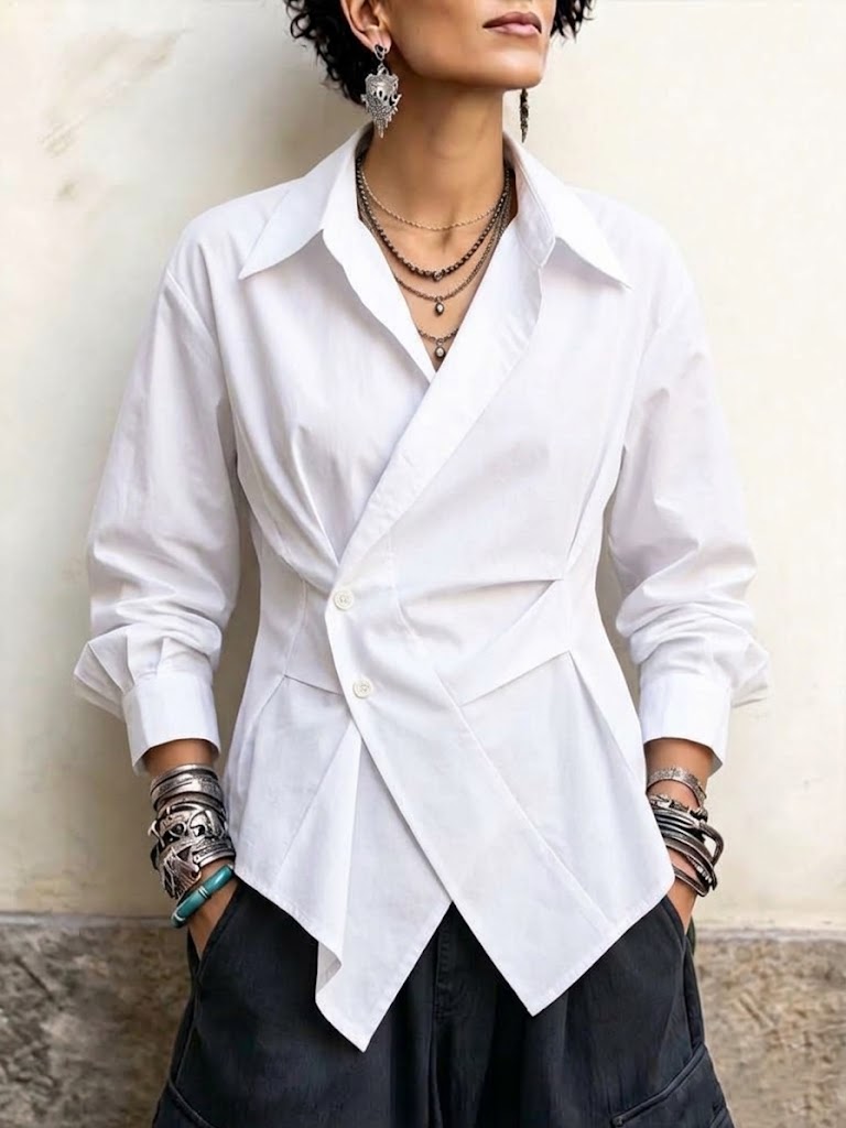 Chic Asymmetric Wrap-style Cotton Shirt