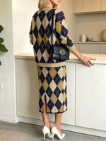 Women's Color-block Argyle Print V-neck Long-sleeve Loose-fit Knit Cardigan