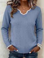 Scalloped Trim V-neck Color Block Long Sleeve Knit Sweater