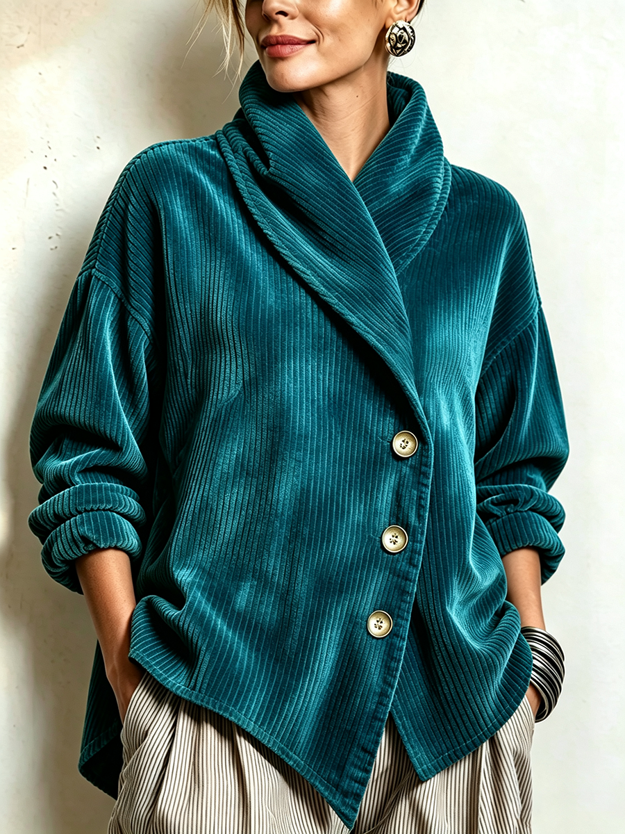 Chic Teal Corduroy Shawl Collar Asymmetric Cut Top