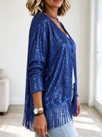 Chic Shimmer Knit V-neck Cardigan With Fringe