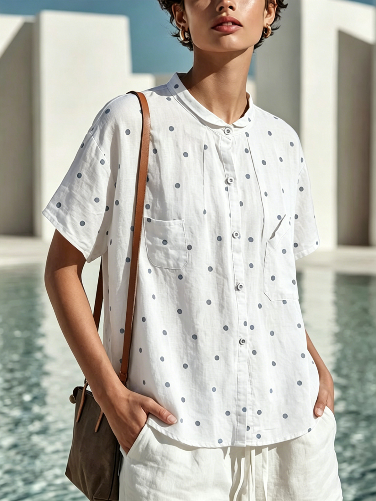 Polka Dot Linen-cotton Short Sleeve Shirt