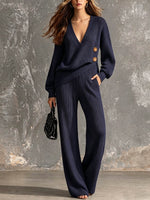Women's Knit Set: V-neck Long-sleeve Loose Top With Irregular Hem & High-waisted Wide-leg Pants