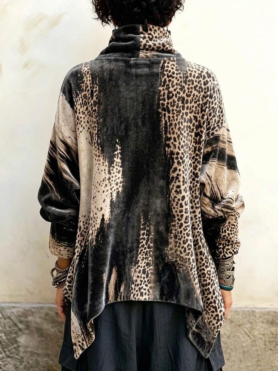 Women's Abstract Print High-neck Long-sleeve Loose-fit Velour Top