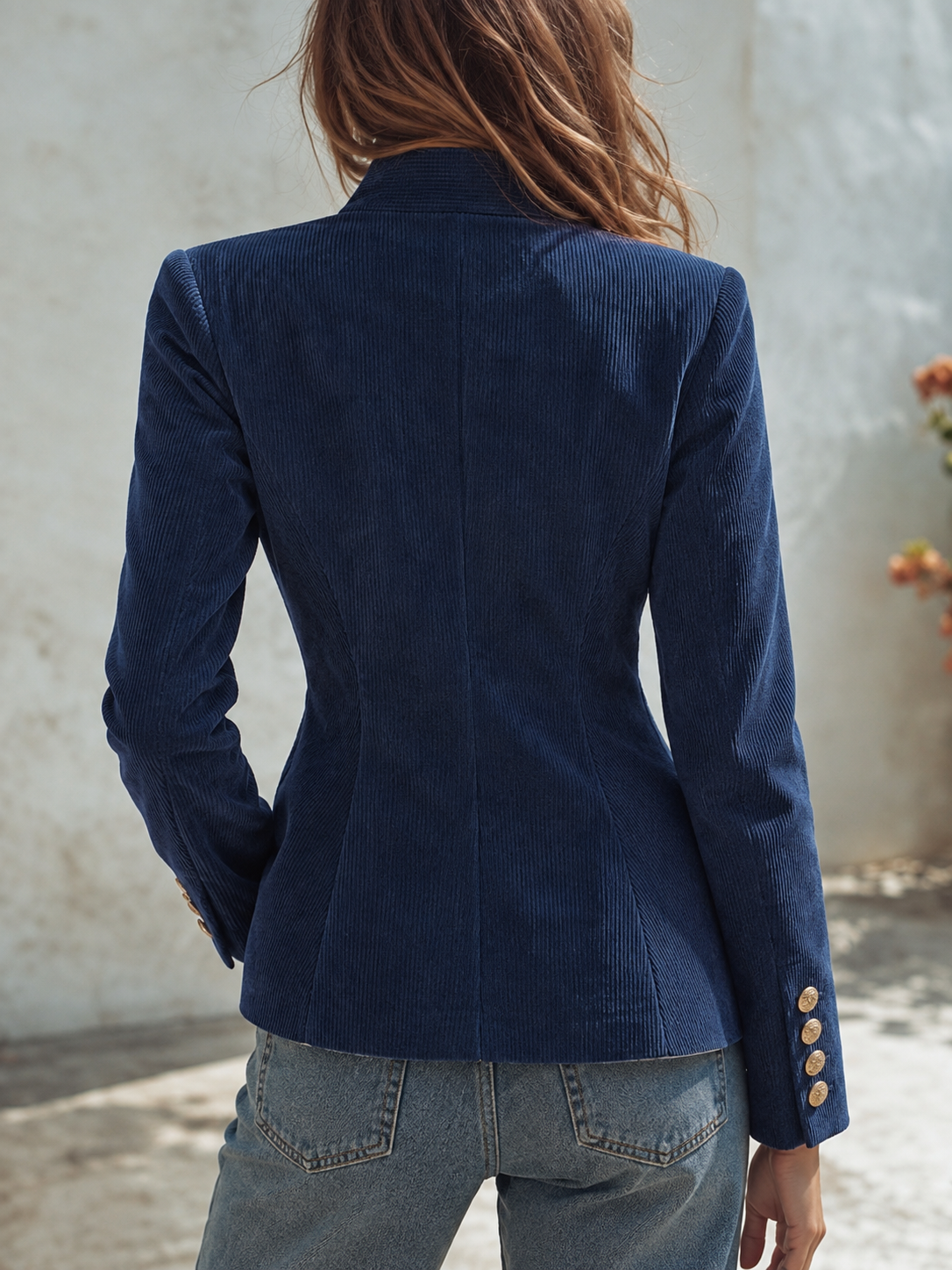 Casual Navy Corduroy Jacket With A Stand-up Collar