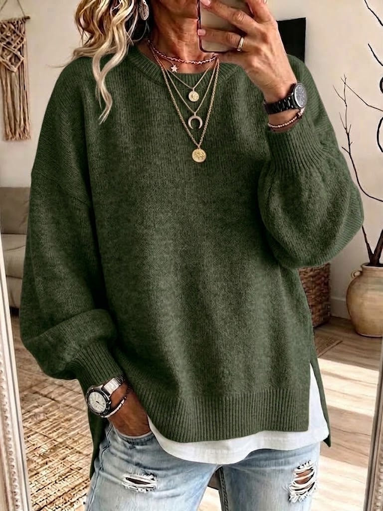Loose-fit Knit Sweater With A Round Neck, Lantern Sleeves, And Side Slits