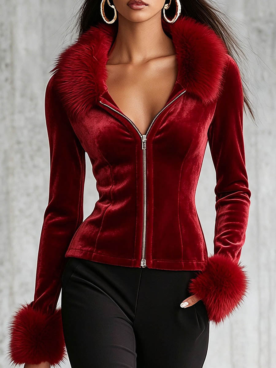 Glamorous Red Velvet Zip-up Jacket With Faux Fur Trim