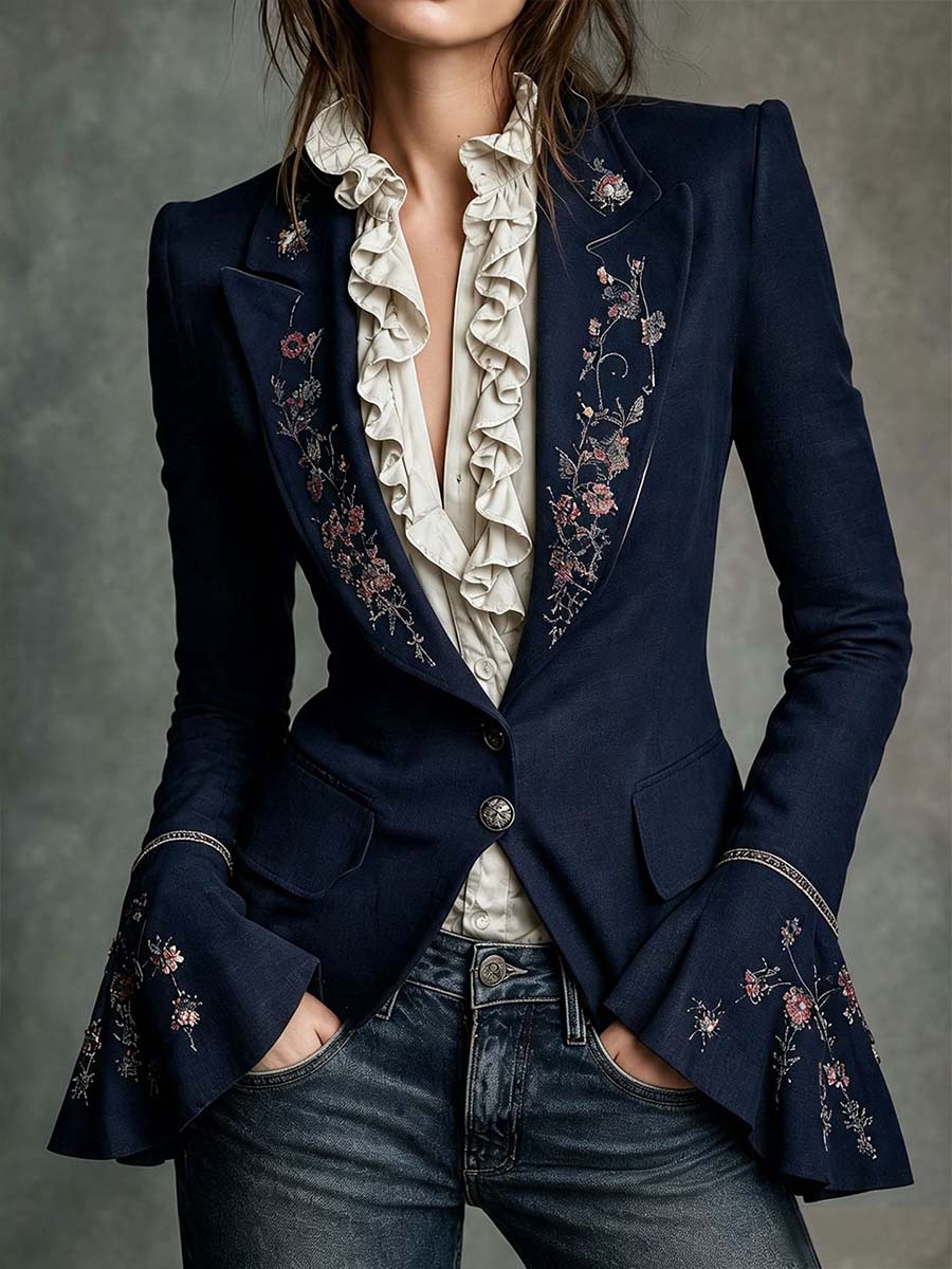 Tailored Navy Blue Blazer with Floral Embroidery and Flared Sleeves