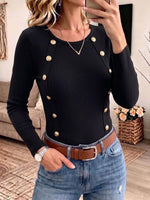 Women's Solid Color Crew Neck Long-sleeve Loose-fit Button-front Knit Top