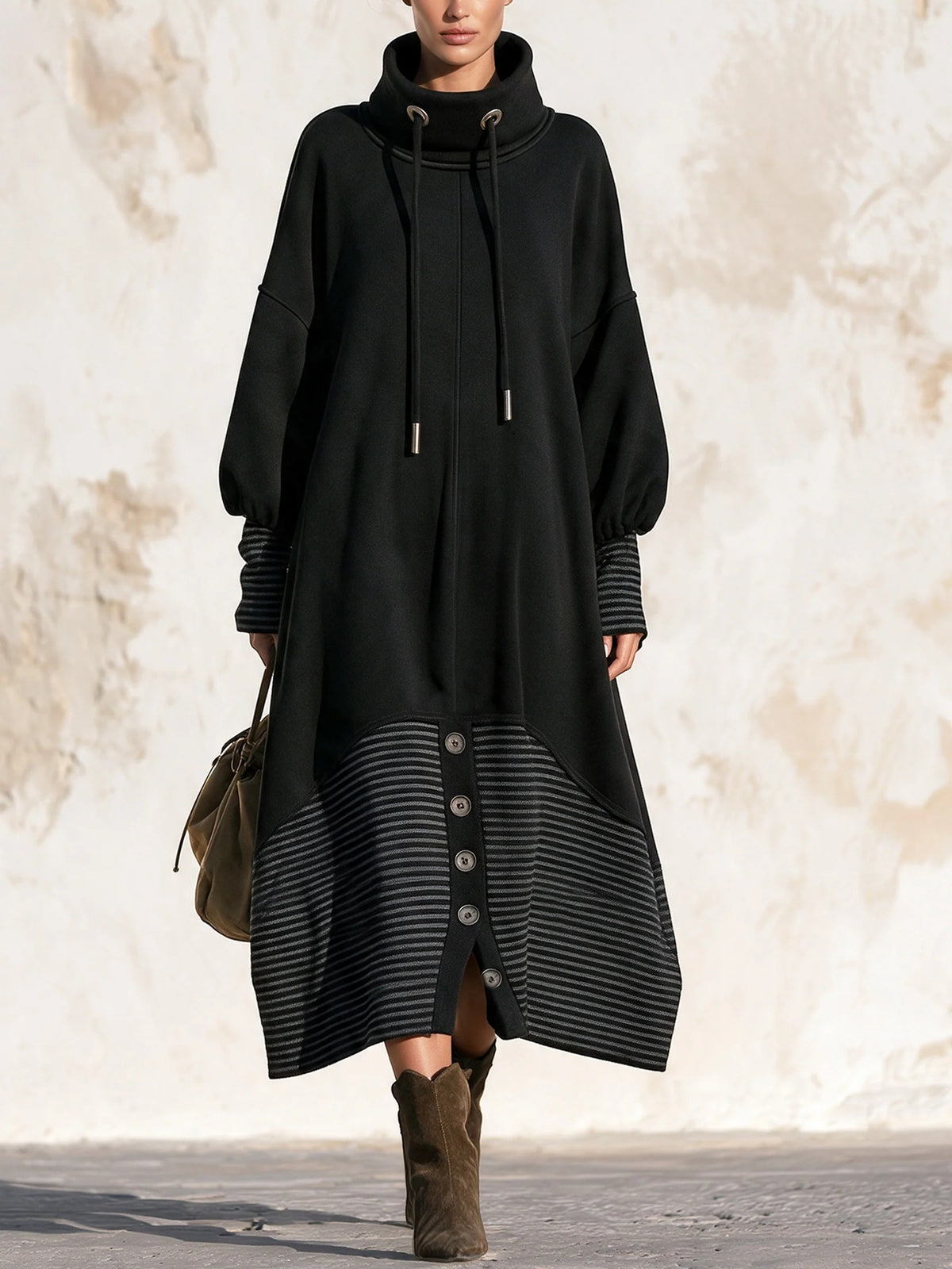 Casual Striped Color-block Long Sweatshirt Dress With A High Neck