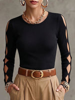 Women's Solid Color Crew Neck Long-sleeve Loose Casual Top With Diamond Cutouts