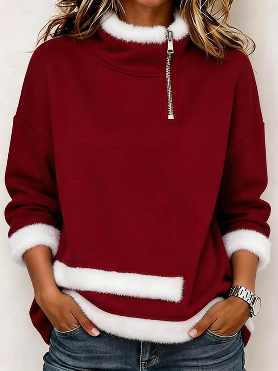 Women's Quarter-zip Burgundy Pullover With Asymmetrical Faux Fur Trim