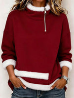 Women's Quarter-zip Burgundy Pullover With Asymmetrical Faux Fur Trim