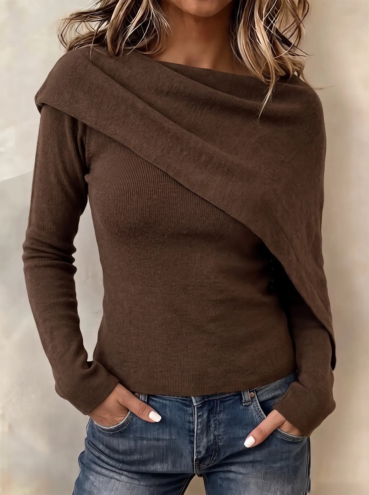 Women's 4-in-1 Multi-Way Convertible Knit Top - Long Sleeve Drape Scarf Capelet Sweater