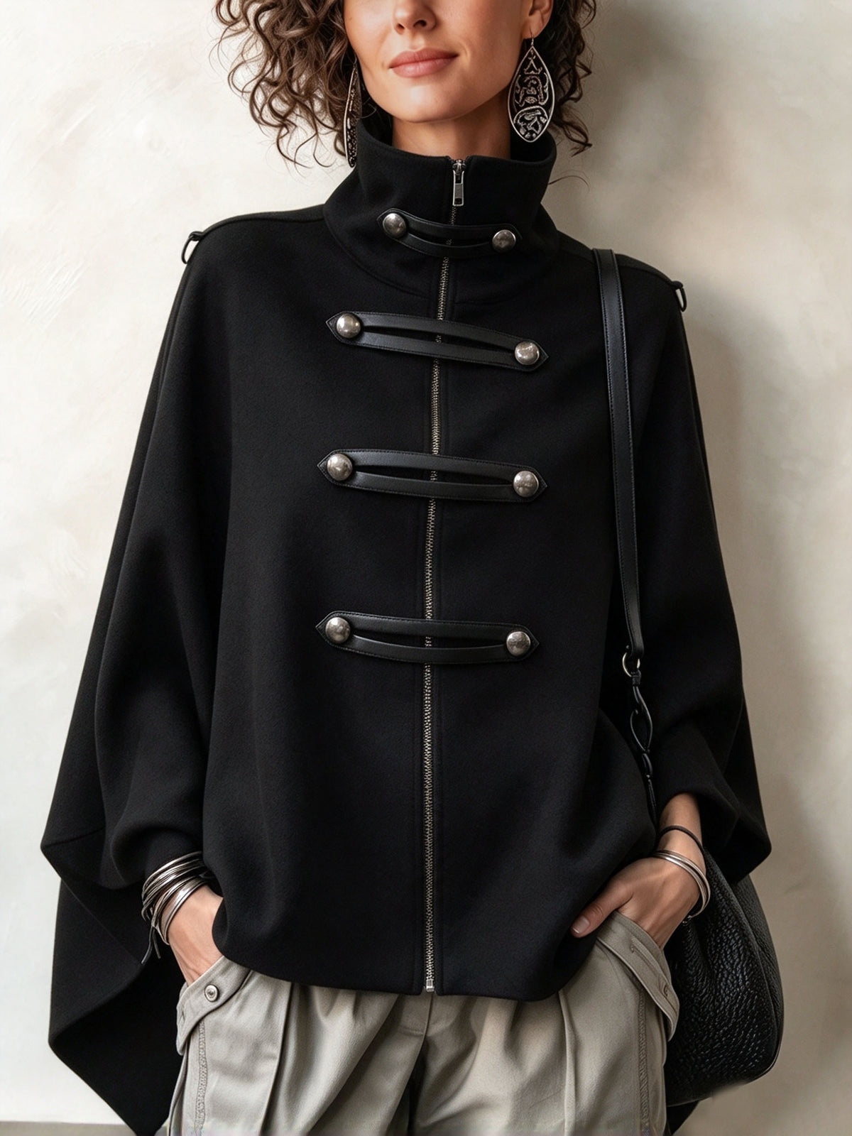 Elegant Black Military Cape Jacket.