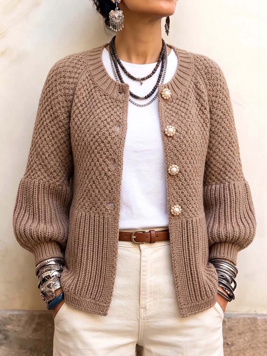 Women's Textured Knit Lantern Sleeve Cardigan With Pearl Buttons