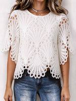 Women's White Hollow-out Floral Lace Short Sleeve Top