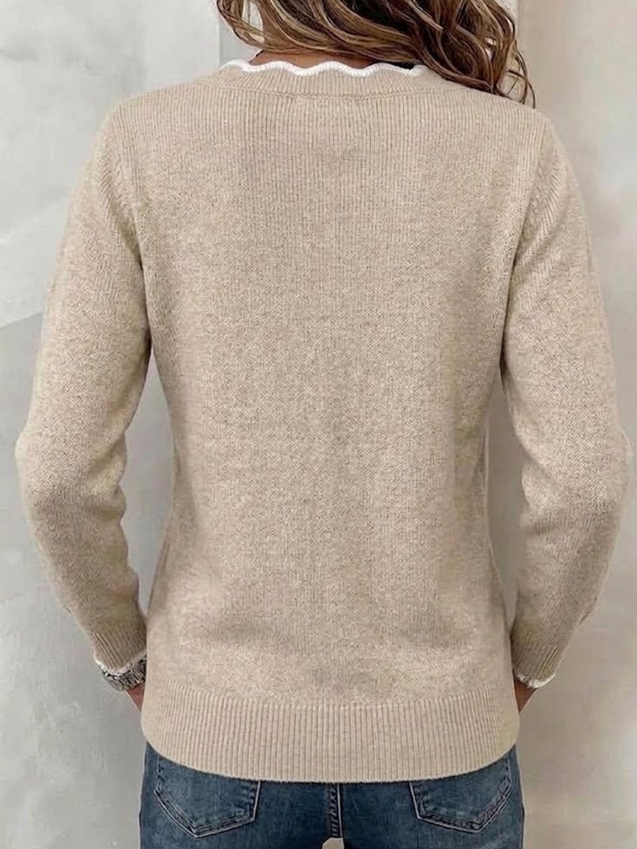 Scalloped Trim V-neck Color Block Long Sleeve Knit Sweater