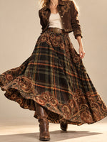 Bohemian Western Corduroy Plaid Maxi Skirt