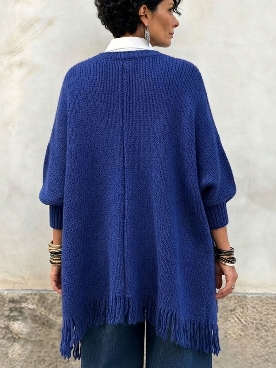 Elegant Royal Blue Double-breasted Fringe Knit Oversized Long Sweater