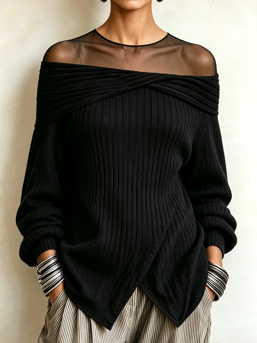 Elegant Sheer Mesh Neckline Black Ribbed Off-shoulder Sweater