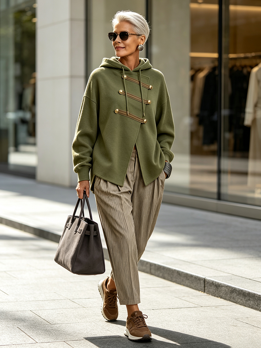 Chic Military-style Asymmetrical Olive Green Hoodie