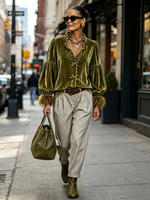 Chic Ruffle Collar Velvet Olive Blouse