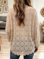 Women's Elegant Sheer Floral Lace Long Sleeve Blouse with Scalloped Hem