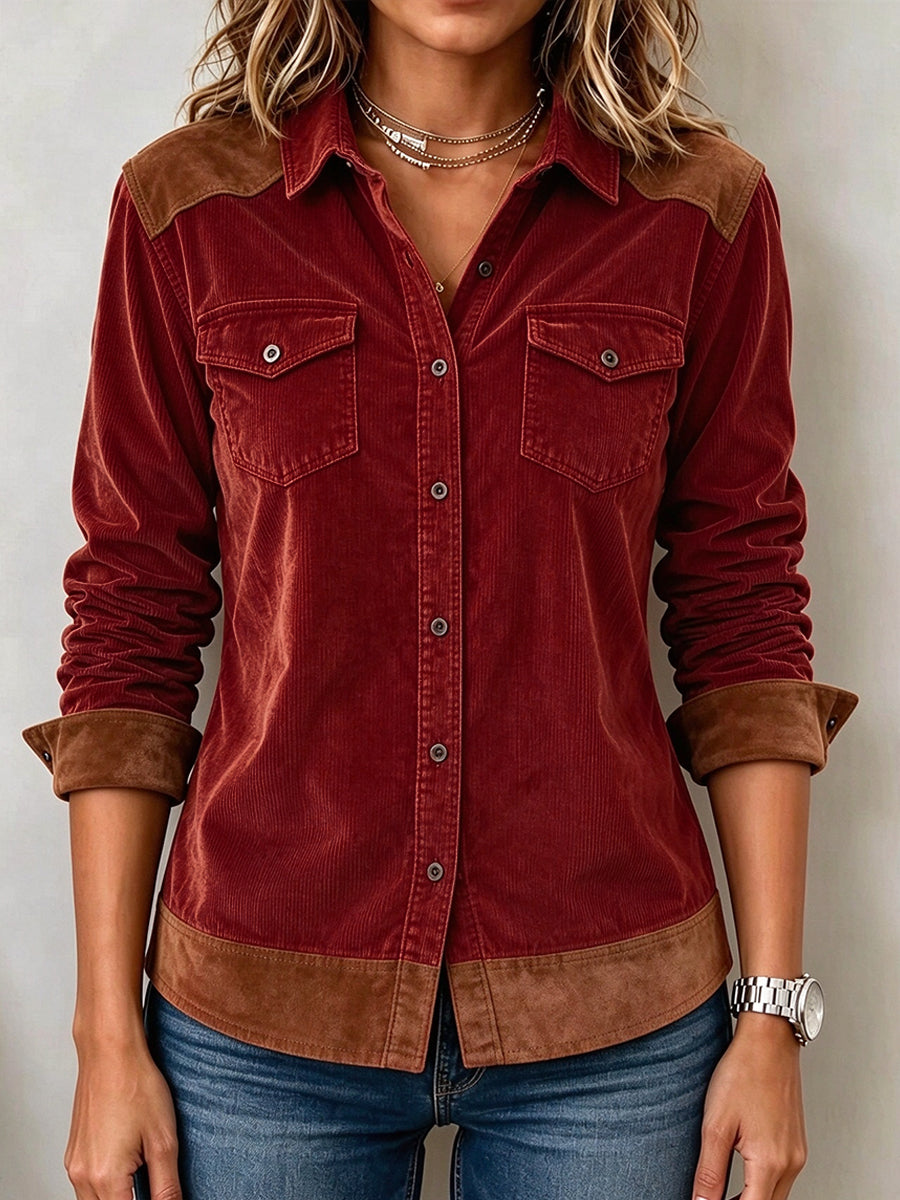 Casual Color-block Corduroy Western-style Shirt Jacket