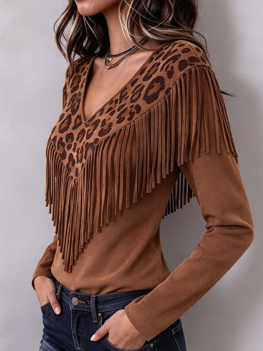 Chic Western-style Leopard Print Faux-suede Top With Fringe