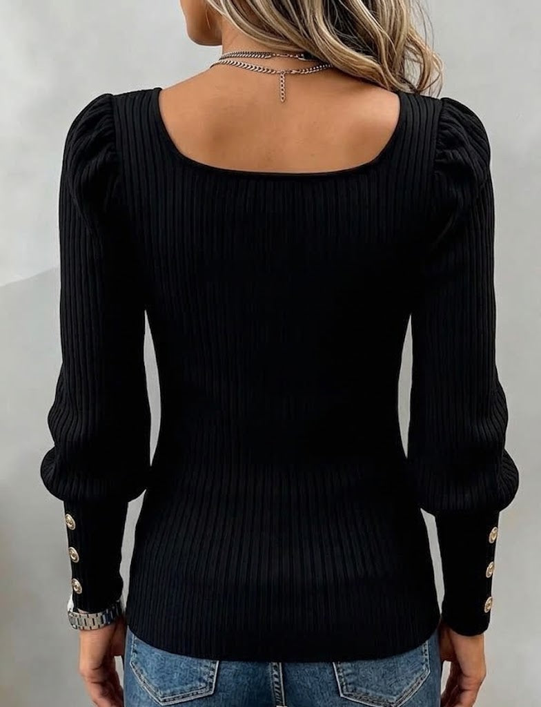 Chic Ribbed Knit Top With A Square Neck And Puff Sleeves