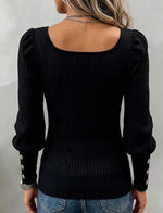 Chic Ribbed Knit Top With A Square Neck And Puff Sleeves