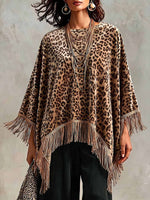 Women's Leopard Print Velvet Top – Crew Neck, Long Batwing Sleeves, Loose Fit, Tassel Detail