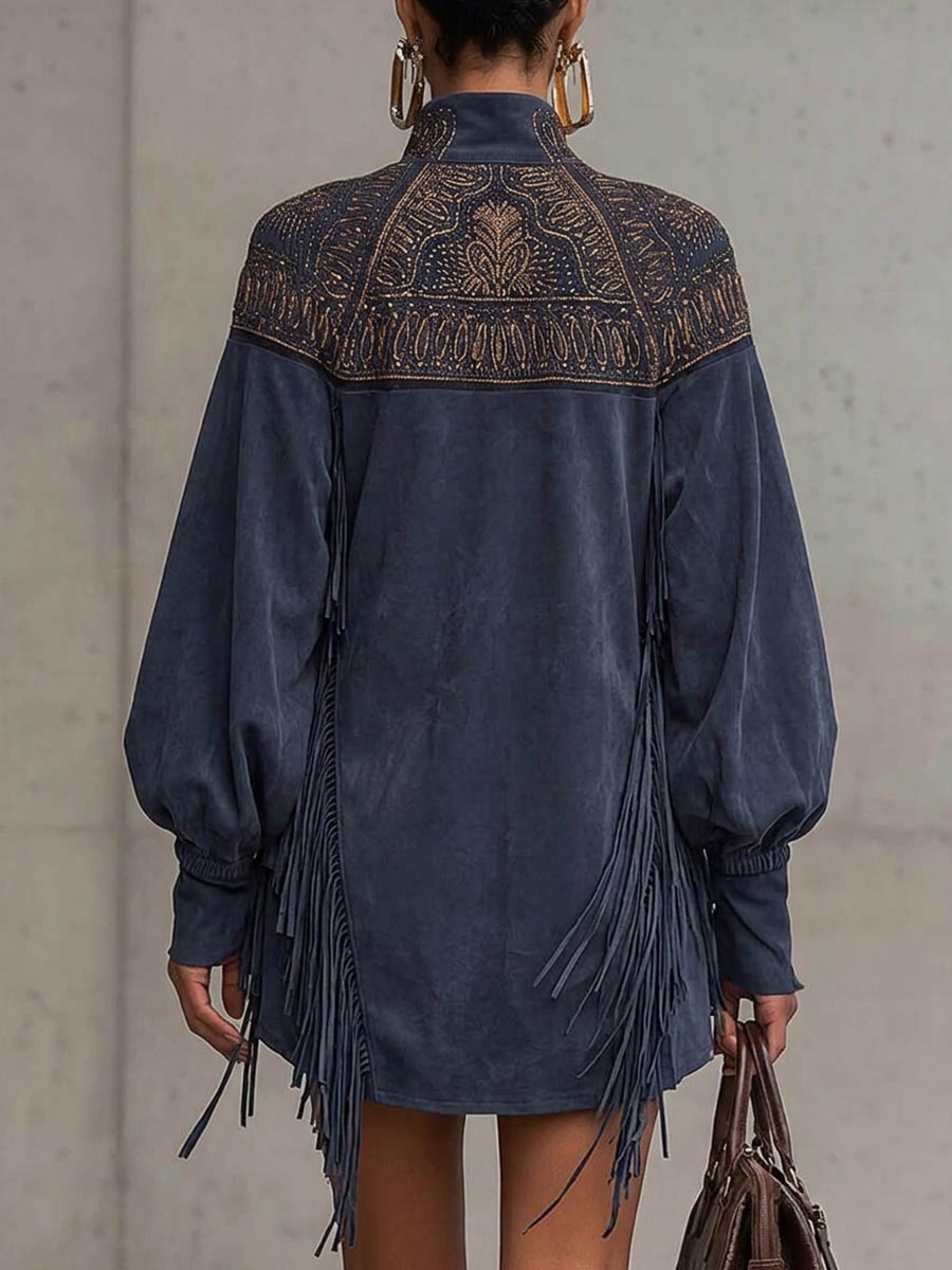 Bohemian V-Neck Fringe Trim Long Sleeve Tunic Dress