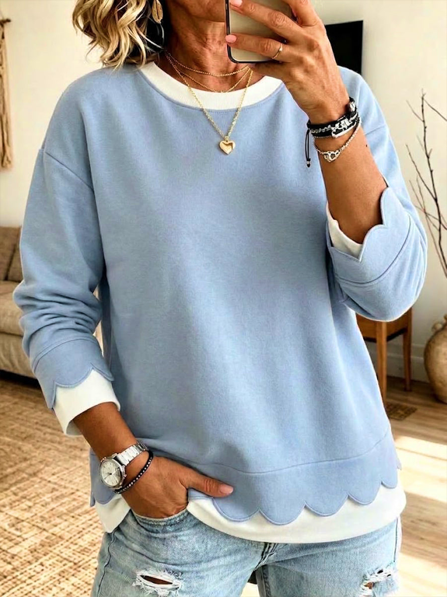 Loose, Casual "faux-layered" Sweatshirt With Scalloped Trim