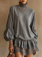 Women's Mock Neck Lantern Sleeve Tunic Top with Lace Patchwork Hem