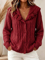 Women's Solid Color Sailor Collar Long-sleeve Casual Loose Textured Crochet Knit Cardigan