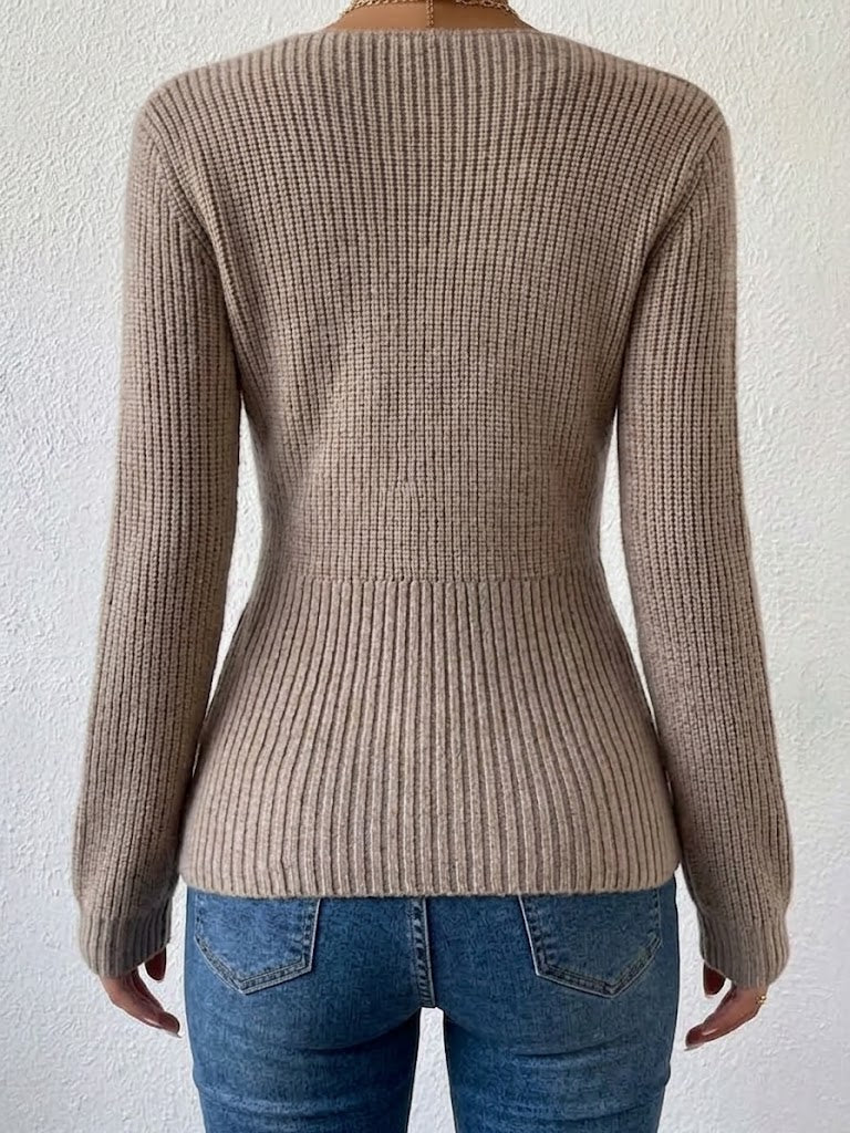 Long-sleeve Fitted Knit Top With A Twisted Deep-v Neckline