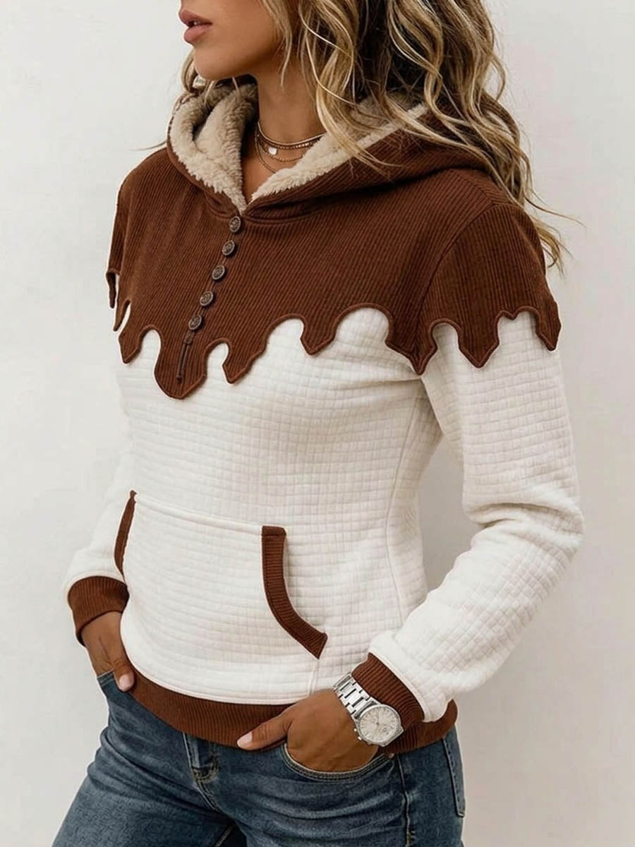 Women's Casual Loose-fit Color-block Hooded Top With Collar And Long Sleeves