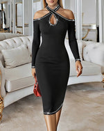 Chic Rhinestone-embellished Cutout Knit Midi Skirt
