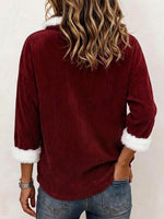 Women's Burgundy Corduroy Asymmetrical Wrap Top With Faux Fur Trim