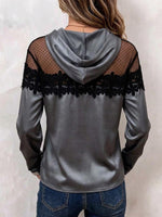 Women's Satin And Sheer Mesh Lace-trimmed Hoodie Blouse