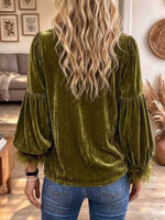 Women's Elegant Green Velvet Bow-Tie Blouse with Feather Cuffs