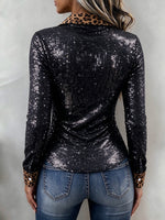 Glamorous Sequin Button-Down Shirt with Leopard Trim