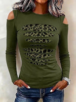 Cold-shoulder Long-sleeve Top With Leopard-print Paneling And Distressed Details