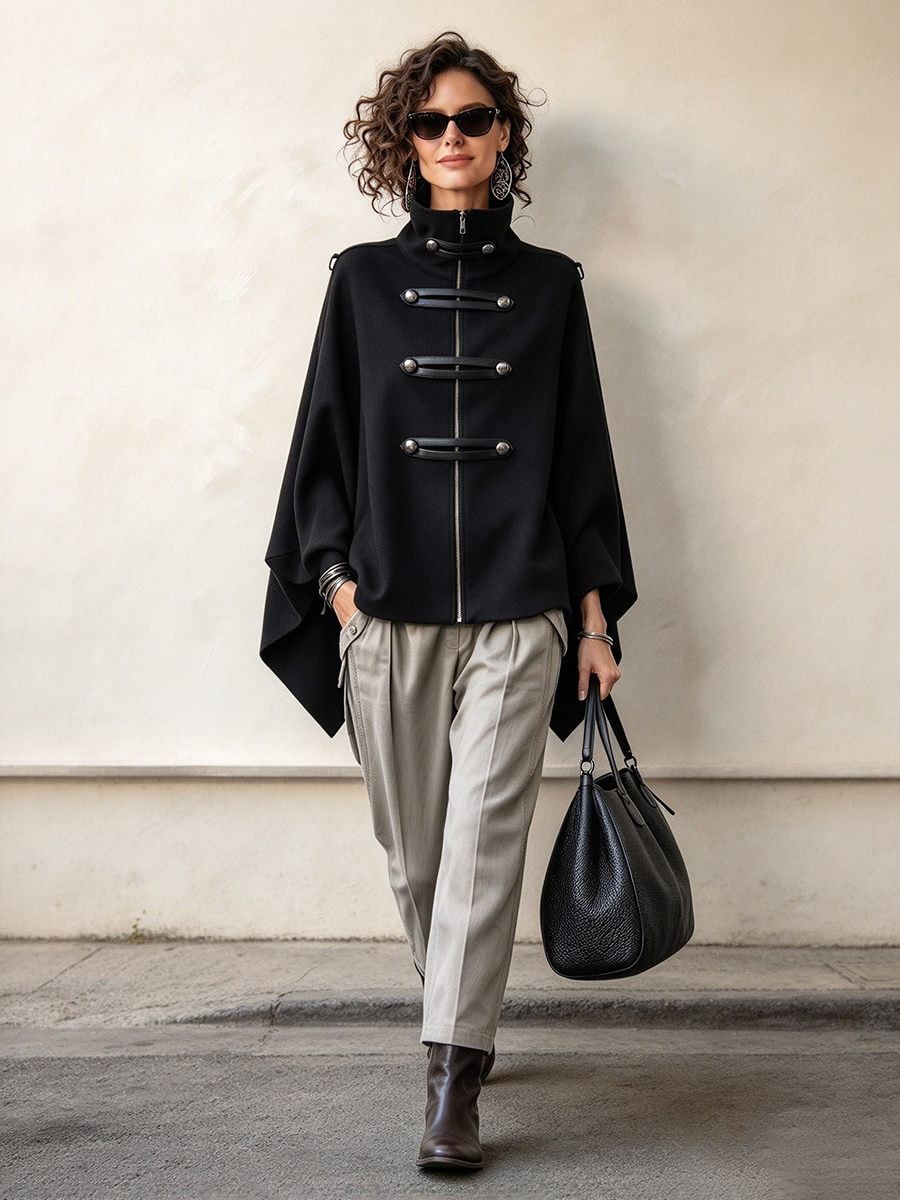 Elegant Black Military Cape Jacket.