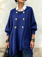 Elegant Royal Blue Double-breasted Fringe Knit Oversized Long Sweater